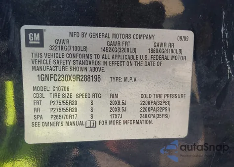 2009 Chevrolet Tahoe Lt2 from USA, damaged, VIN 1GNFC230X9R288196